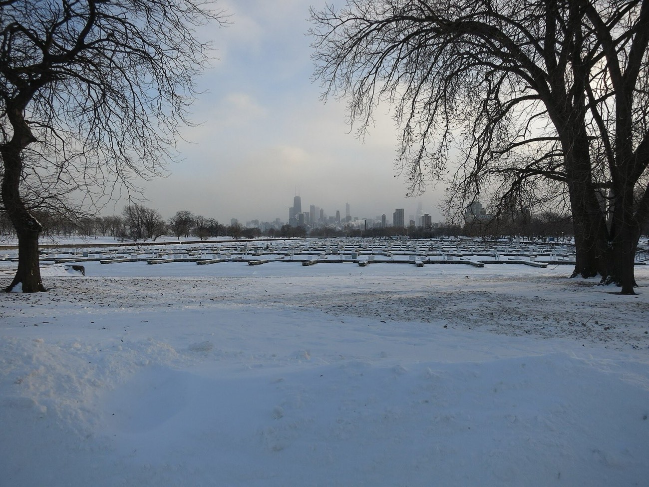 A snowy lakefront park with bare trees in Chicago and the downtown skyline beyond, on a bitterly cold January day