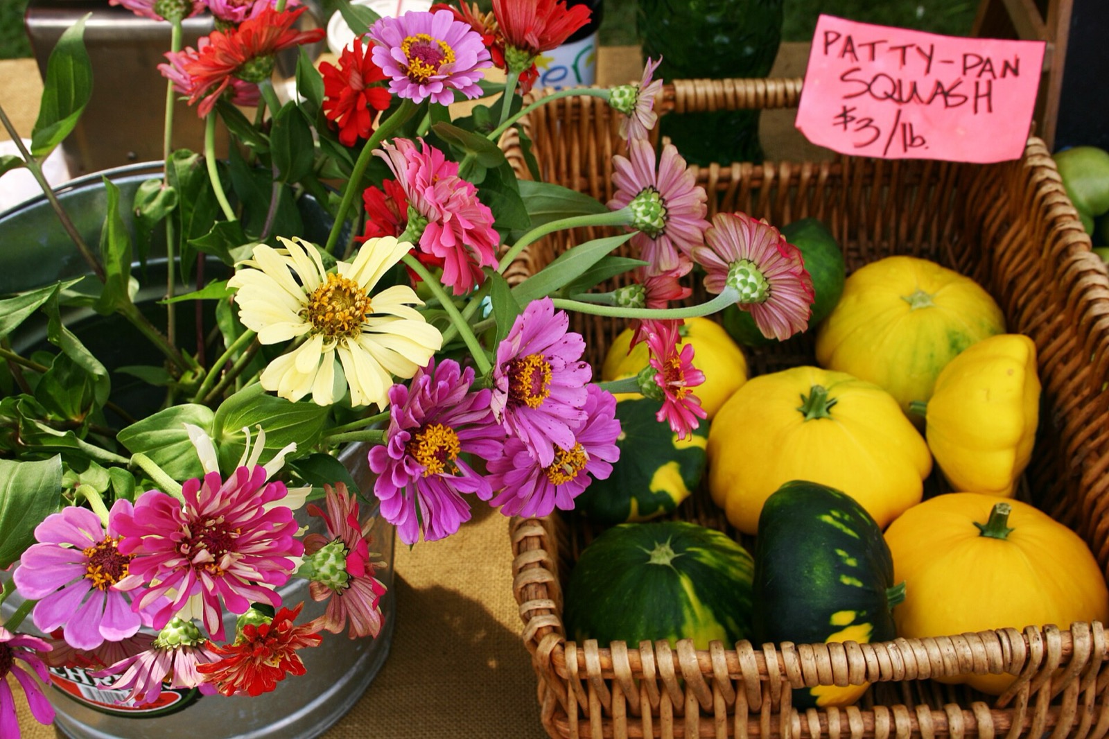 Zinnias in a galvanised bucket beside a wicker basket of yellow and green patty pan squash, with a handwritten price card