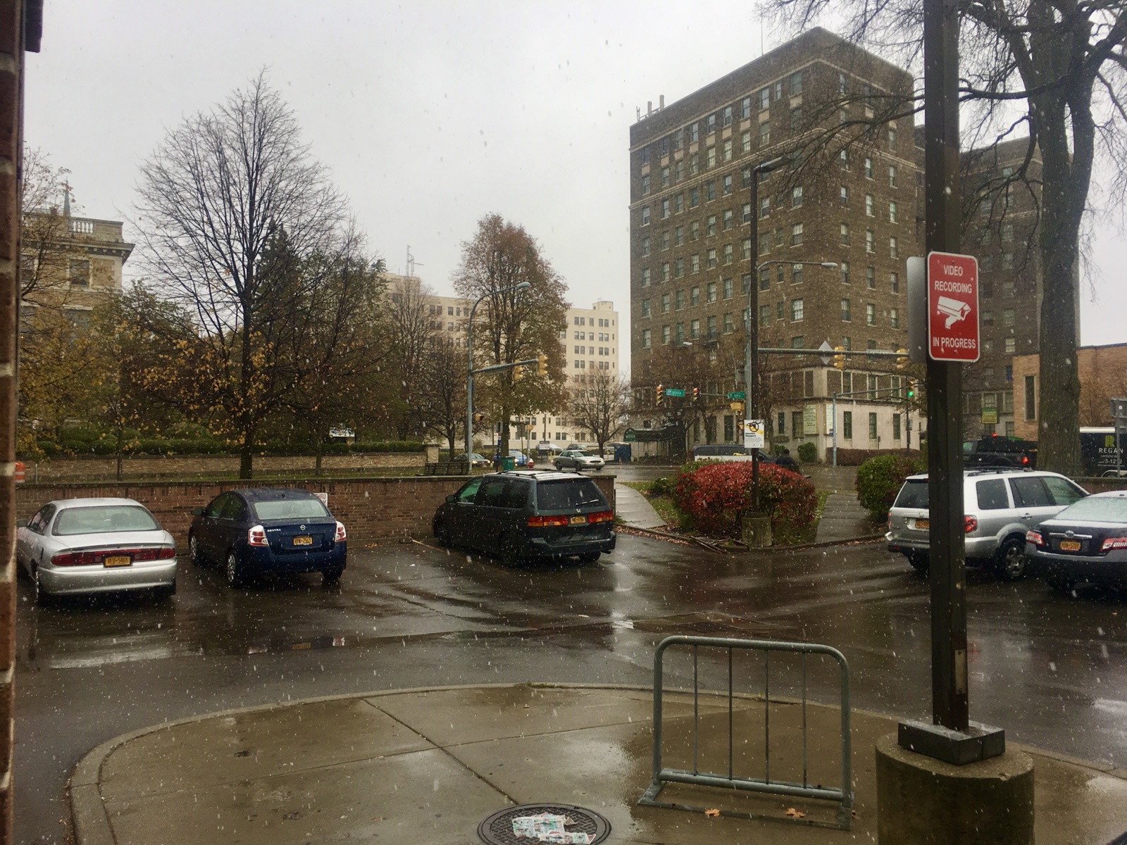 First measurable snowfall of the season falling on a city street in Buffalo, New York