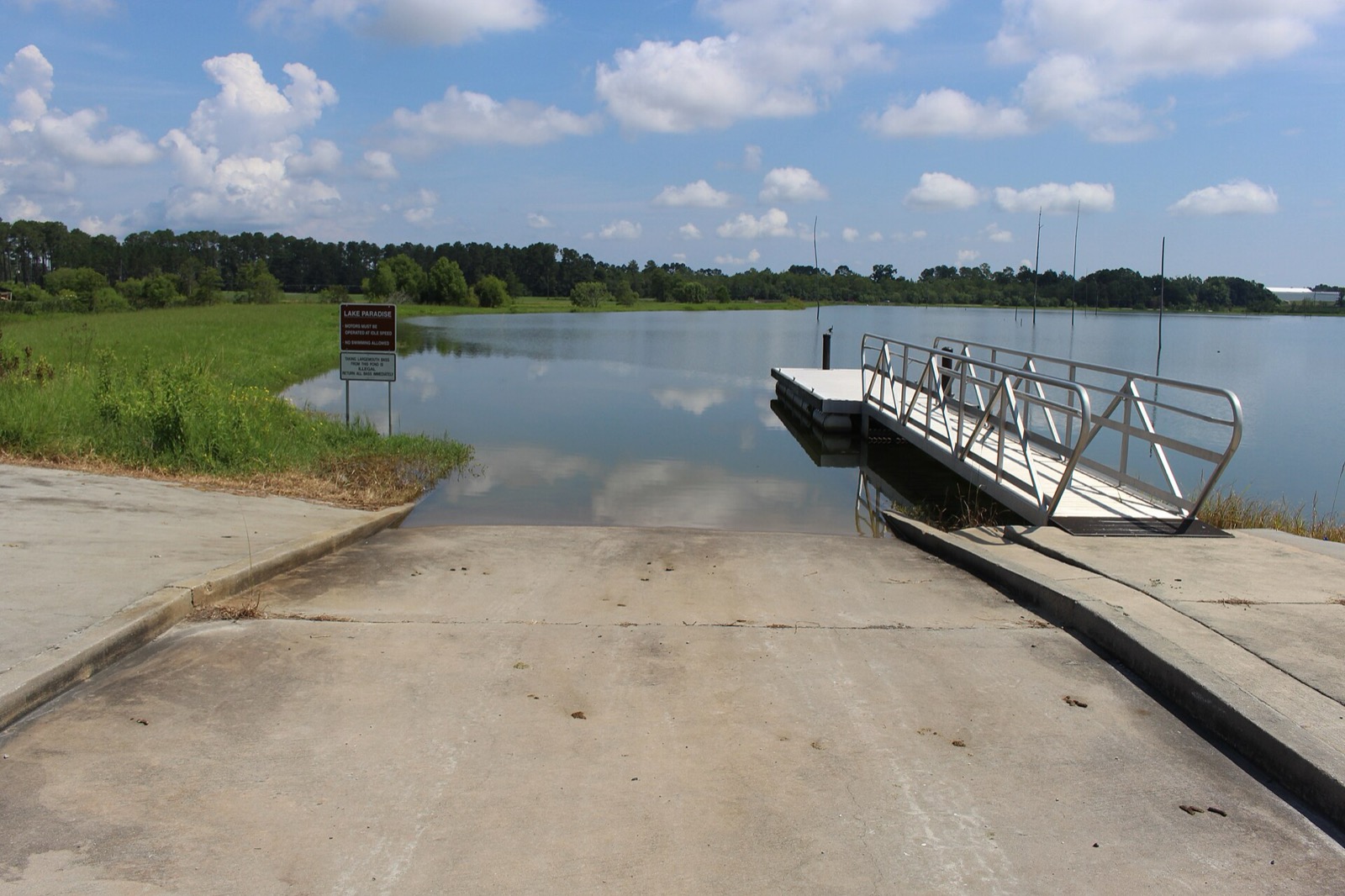 A concrete boat ramp running down into a still lake on a summer afternoon, an aluminium gangway and floating dock to the right, a low brown regulation board standing at the waterline on the left, and a treeline across the far bank