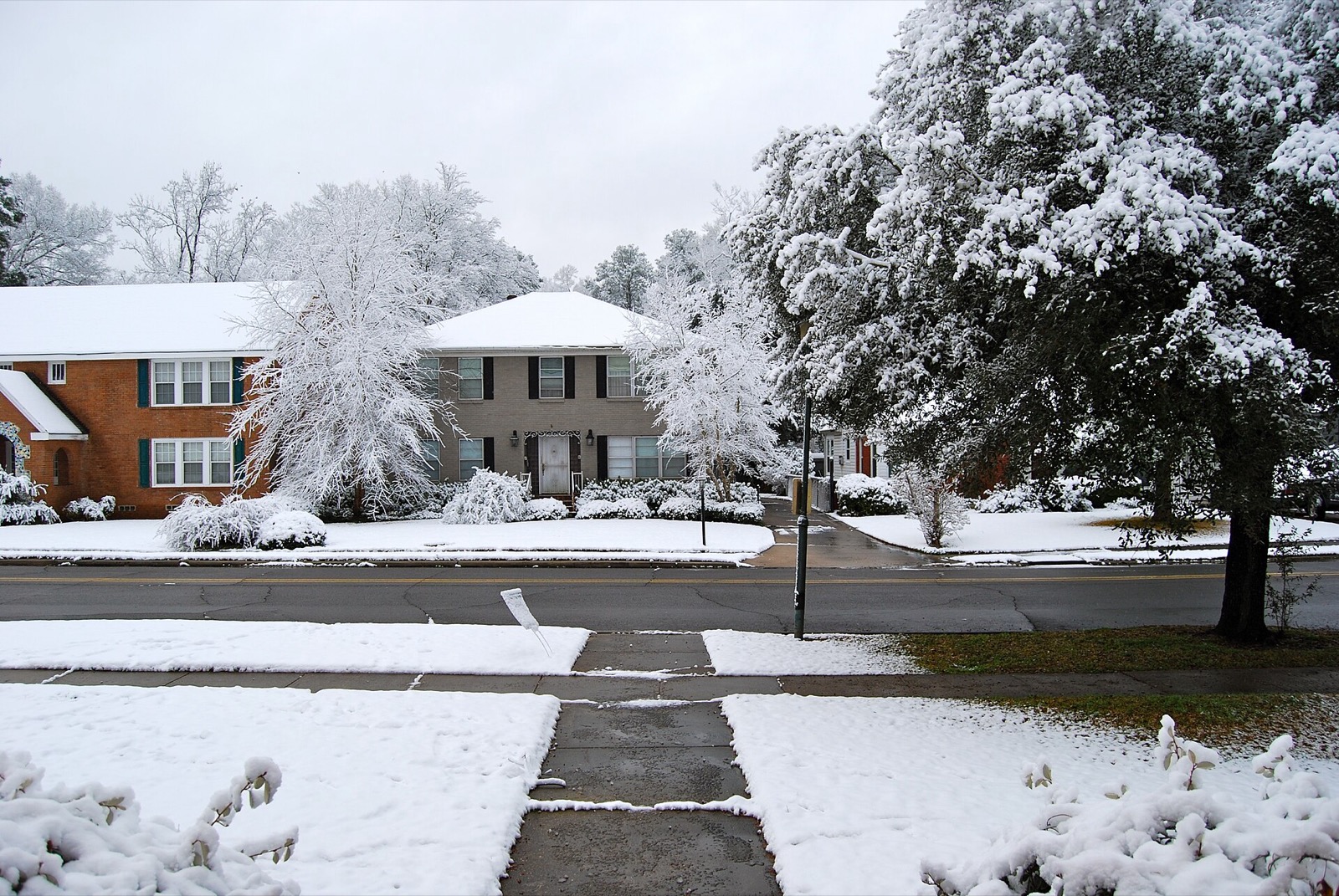 A residential street of brick two storey houses in Shreveport, Louisiana under snow, with snow on the shrubs and lawns