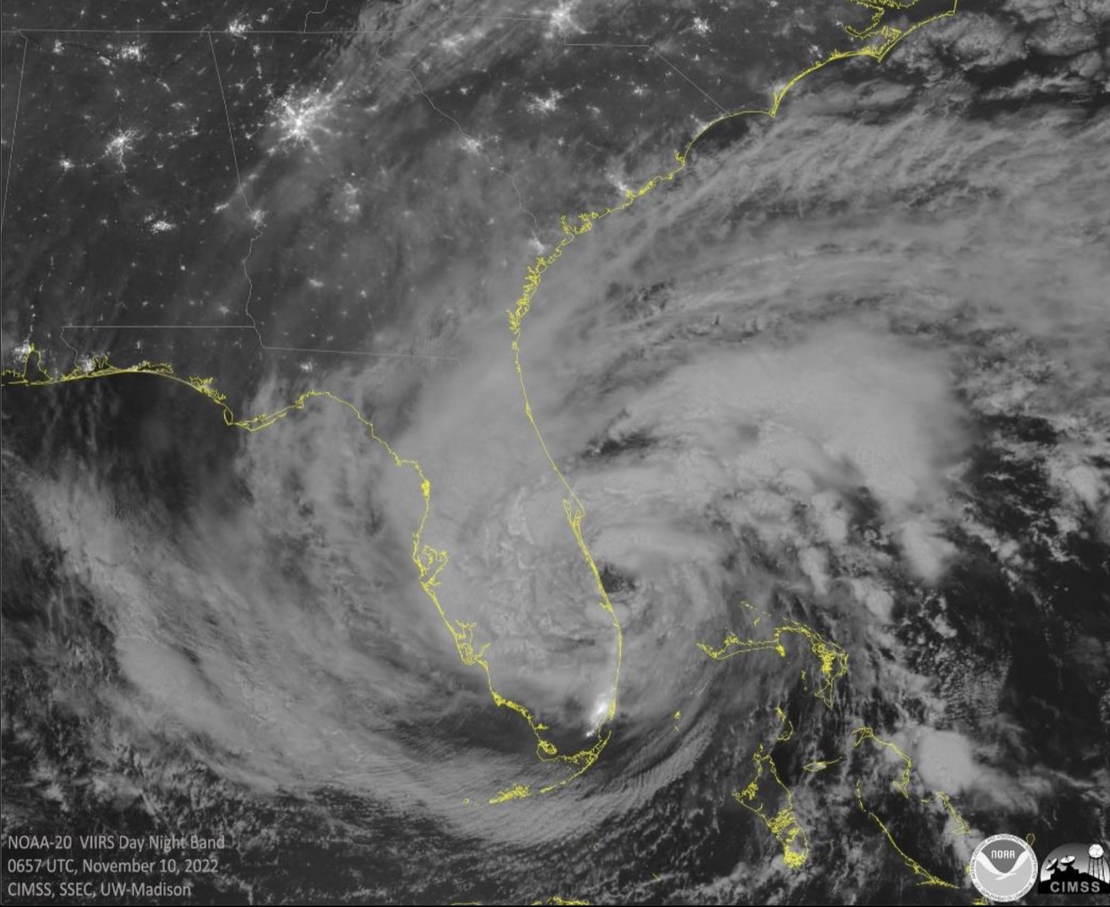 Satellite image of Hurricane Nicole, a broad late season hurricane over the western Atlantic, approaching the Florida east coast at night