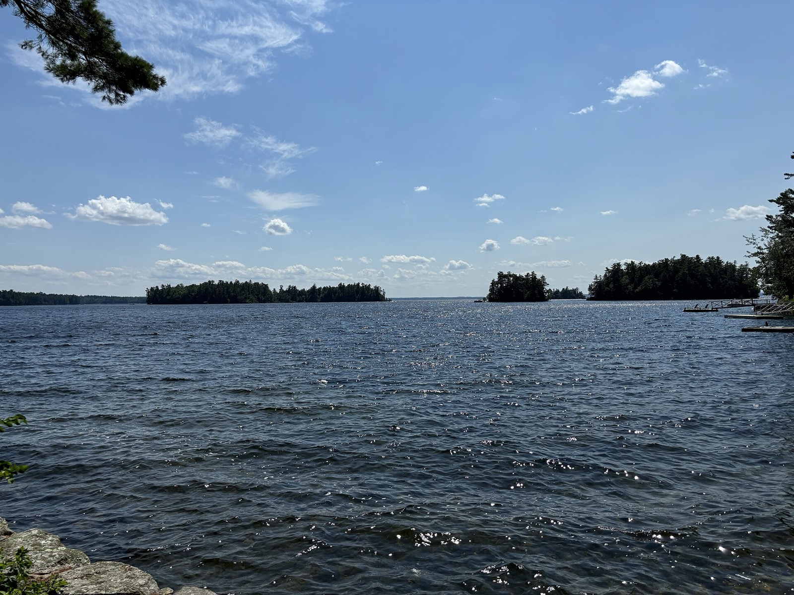 Open lake water with a low forested shoreline and scattered clouds reflected on the surface