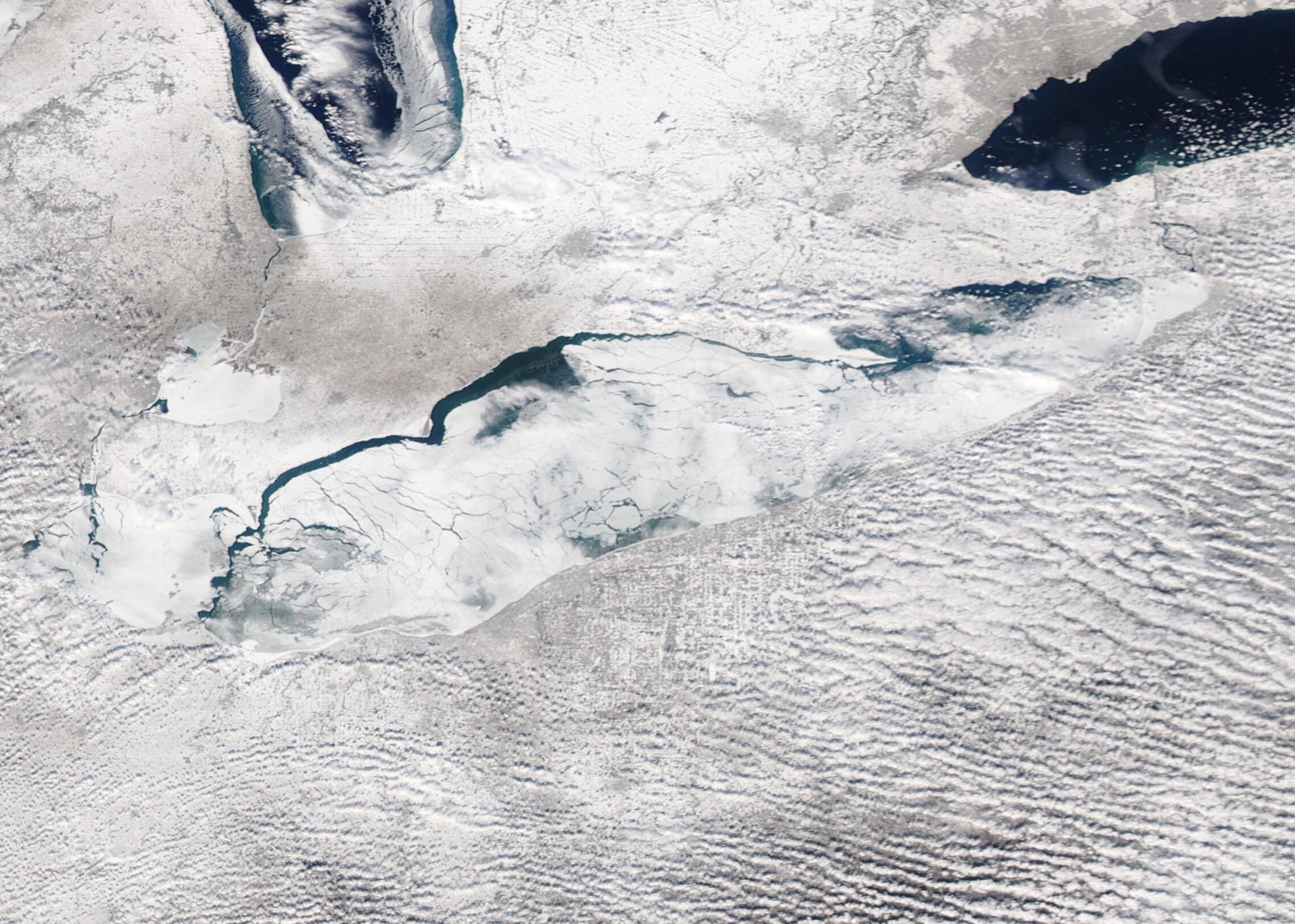 Satellite view of Lake Erie almost fully ice covered while Lake Ontario remains dark open water
