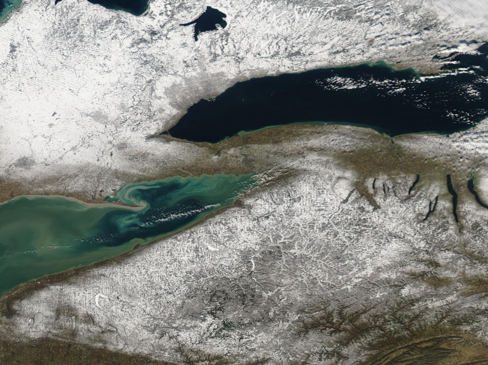 Satellite view of snow covered snowbelts downwind of Lake Erie and Lake Ontario with both lakes open