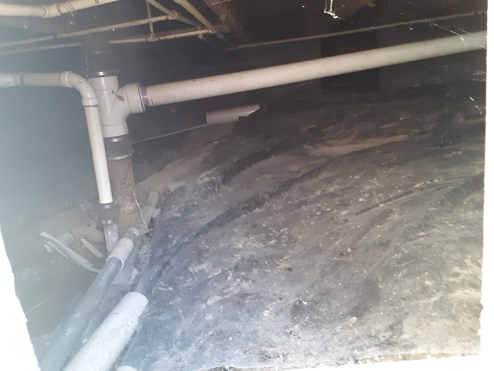 View through an access hatch into a crawl space under a house, showing bare earth, plumbing runs and displaced insulation
