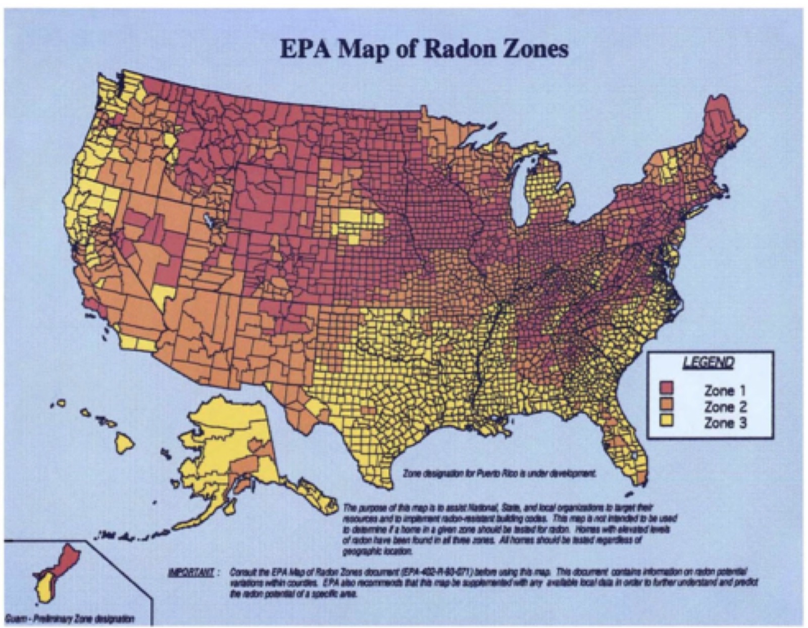 The EPA Map of Radon Zones showing every US county colored red for Zone 1, orange for Zone 2 or yellow for Zone 3