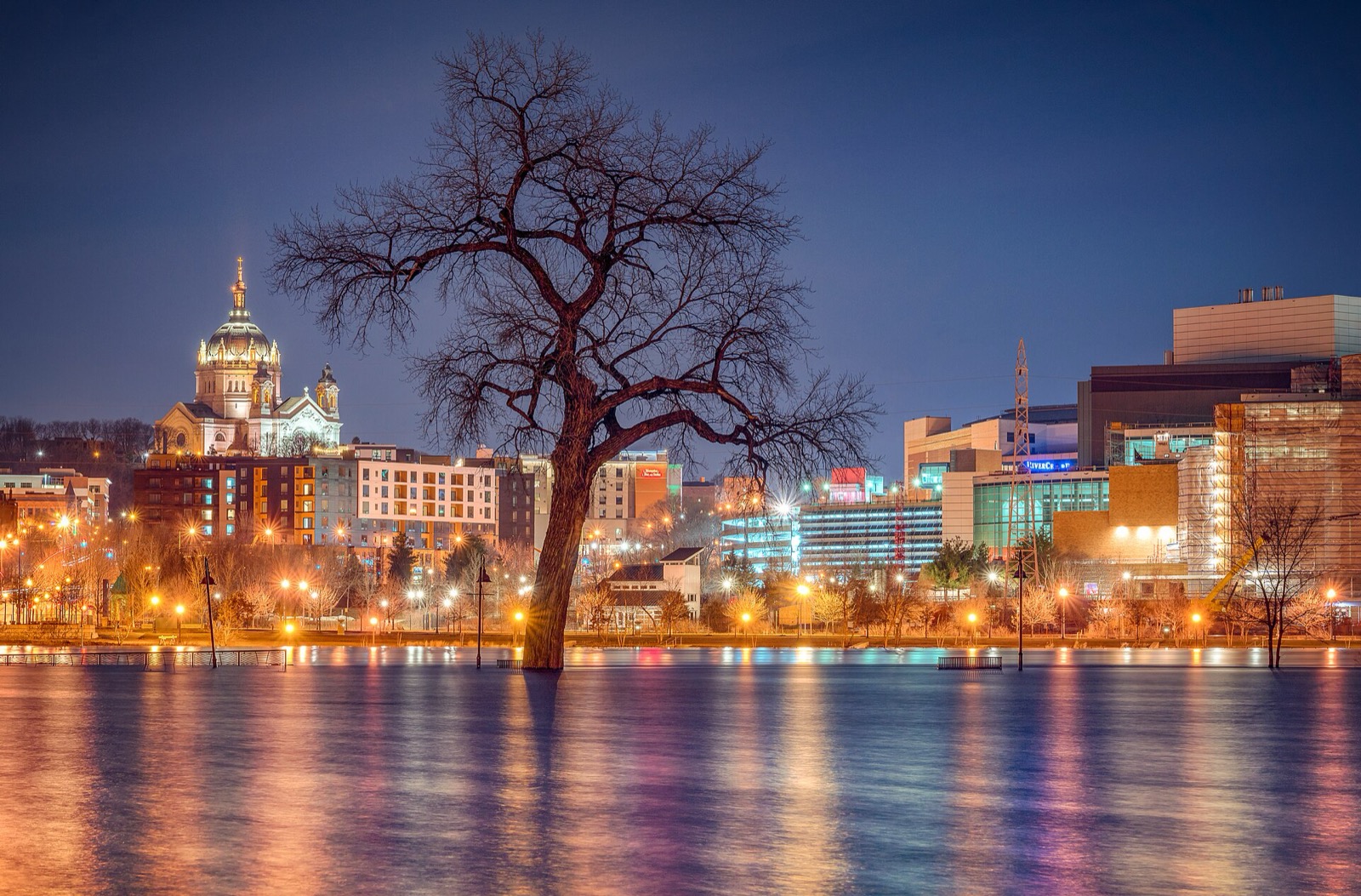 The Mississippi River covering a riverside park at night, city skyline lit behind a half submerged tree