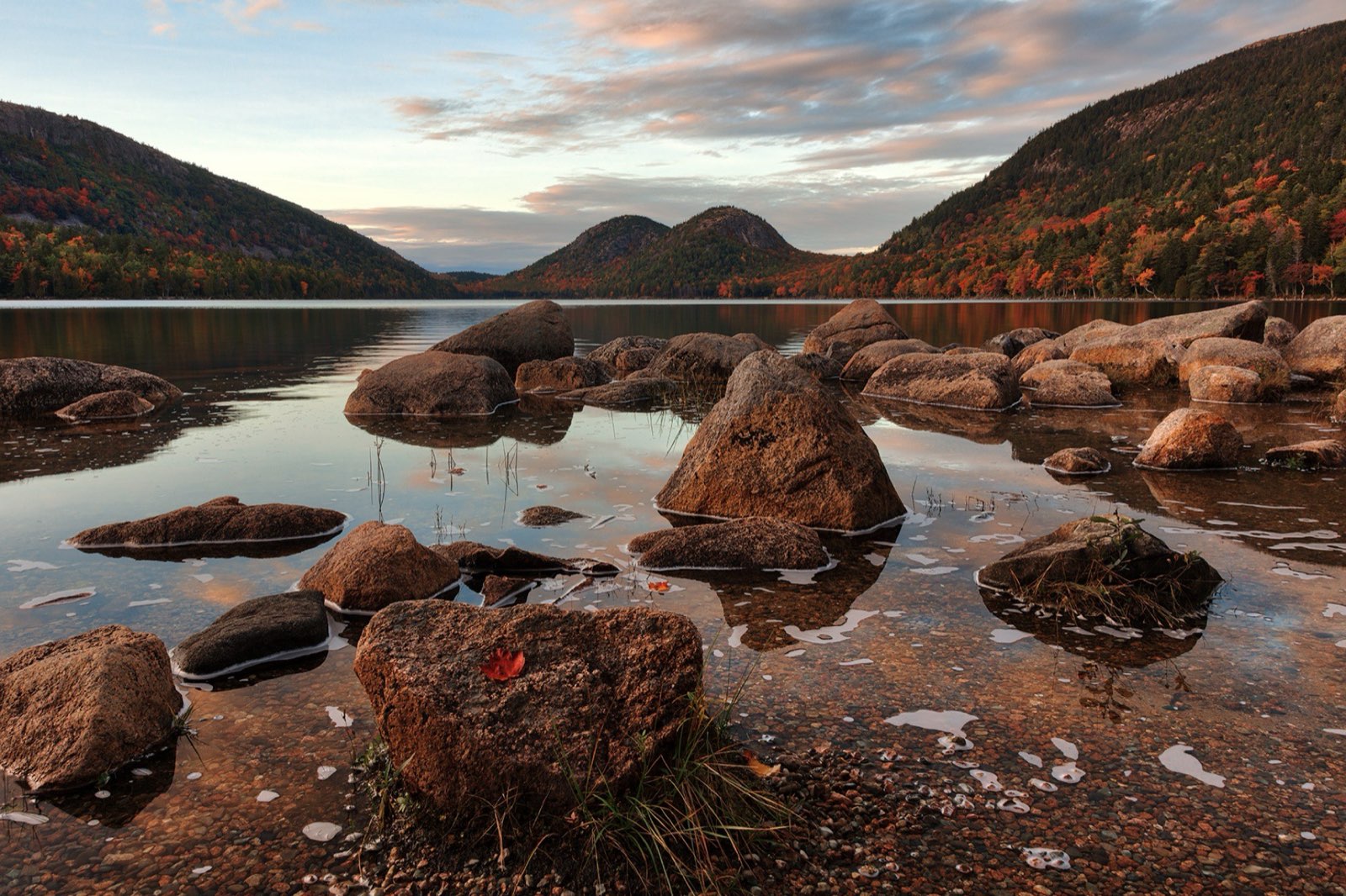 Jordan Pond and the Bubbles at autumn twilight, Acadia National Park