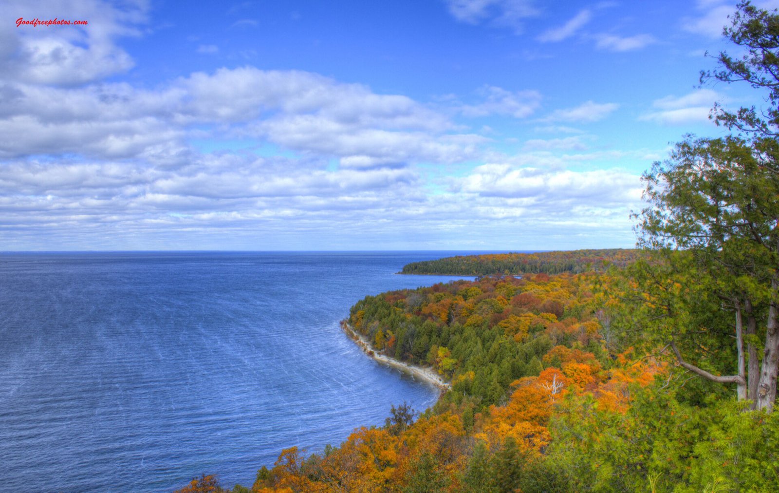 Door County shoreline from the Peninsula State Park bluffs in autumn
