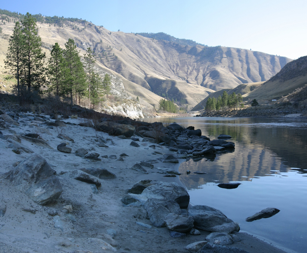 A wide calm river below steep dry grass and rock slopes, with scattered pines and a pale sand and boulder bar in the foreground