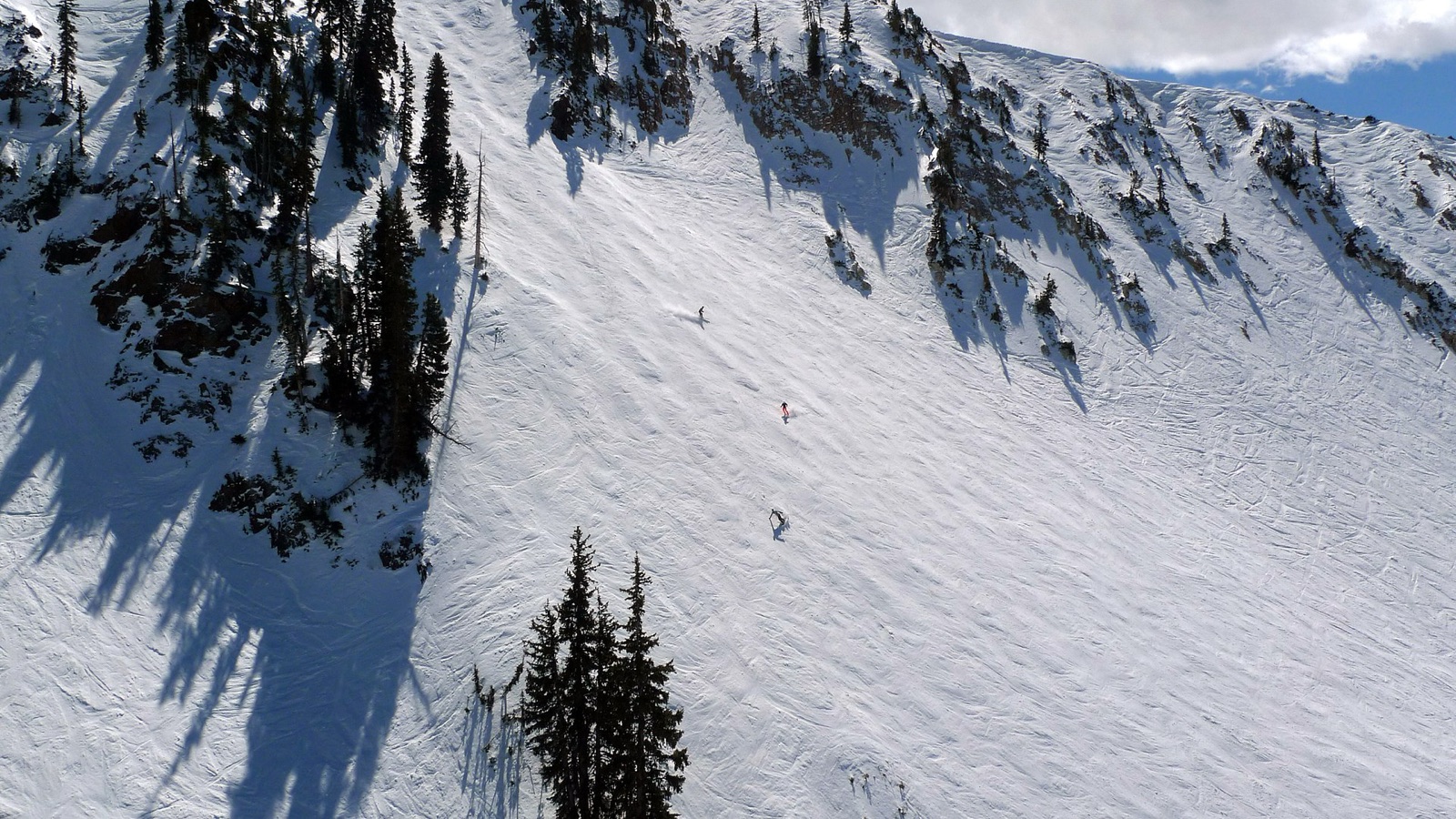 Skiers descending a wide, tracked-out snow face at Snowbird in Utah
