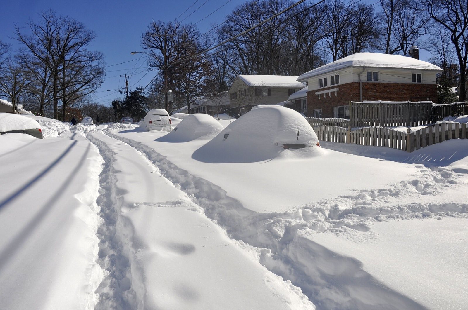 A residential street under deep snow on a bright blue morning, cars parked along the curb buried into smooth white mounds, one set of tire tracks down the middle