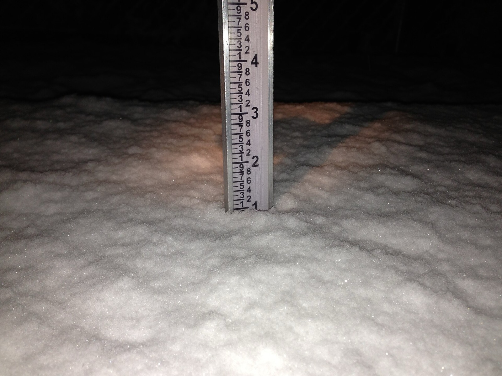 A graduated aluminum snow stick pushed into fresh snow at night, with the surface of the snow near the one inch mark