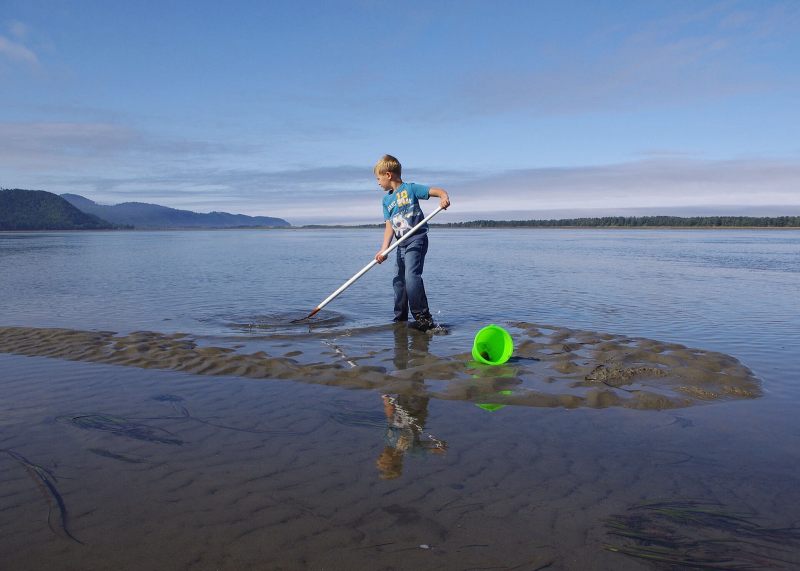 A person digging for clams with a long-handled tool on a wet sand flat exposed at low tide