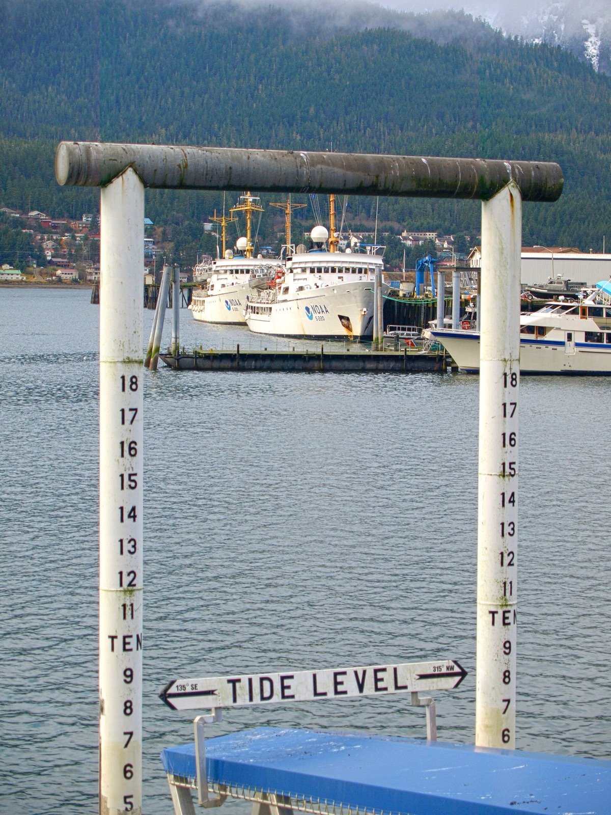 A white tide staff marked in feet standing in harbor water, with a Tide Level sign and NOAA ships docked behind it