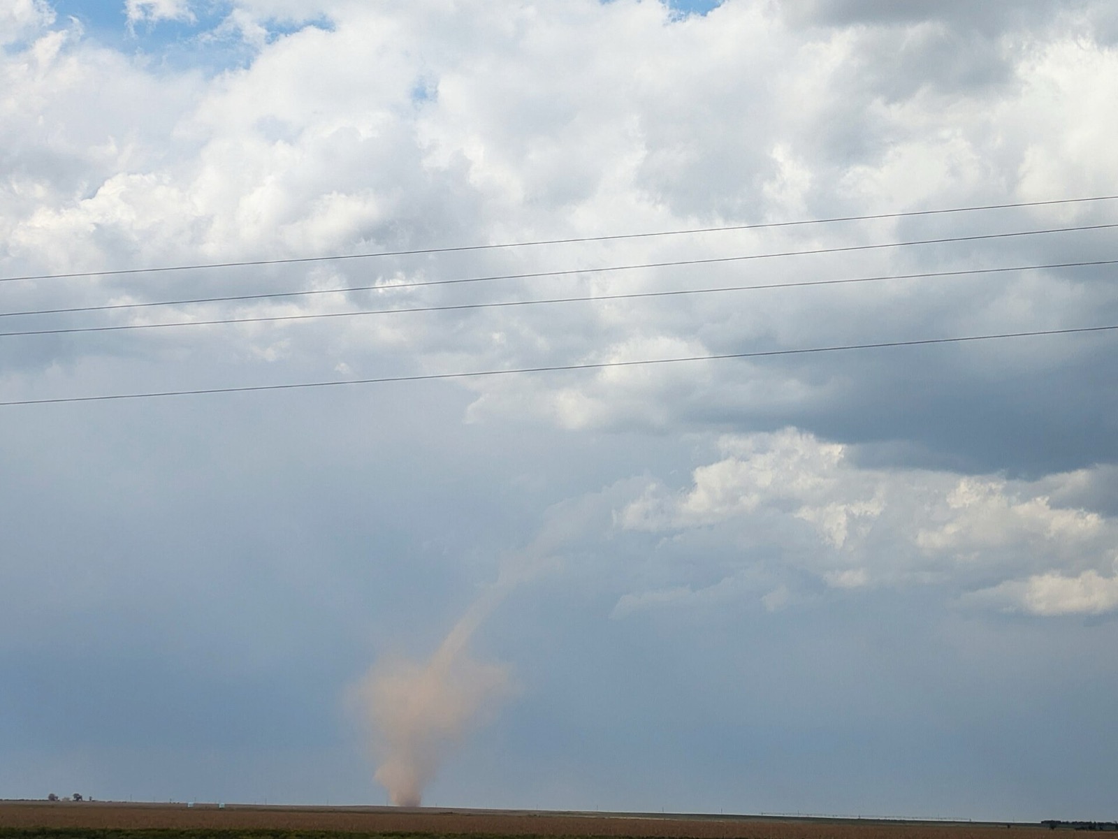 A thin ropy landspout tornado made of reddish dust connecting a field to a developing storm cloud near Kirk, Colorado, with power lines in the foreground