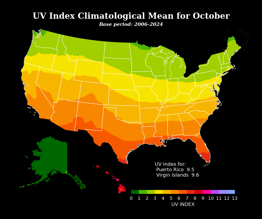 NOAA Climate Prediction Center map of long-term mean noontime UV index across the United States in October