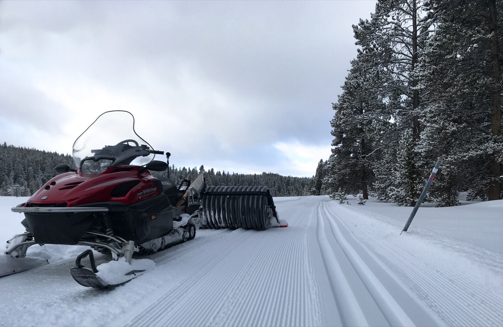 A red snowmobile towing a steel roller and track-setter, parked on fresh snow beside a pair of parallel classic tracks running away between the pines